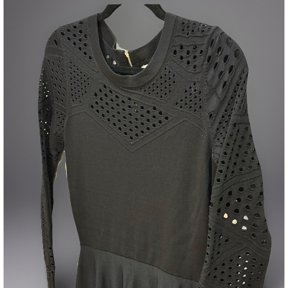 Milly Pointelle Fit & Flare Black Long Sleeve Knit Dress Sz P Romantic Feminine - Picture 3 of 10